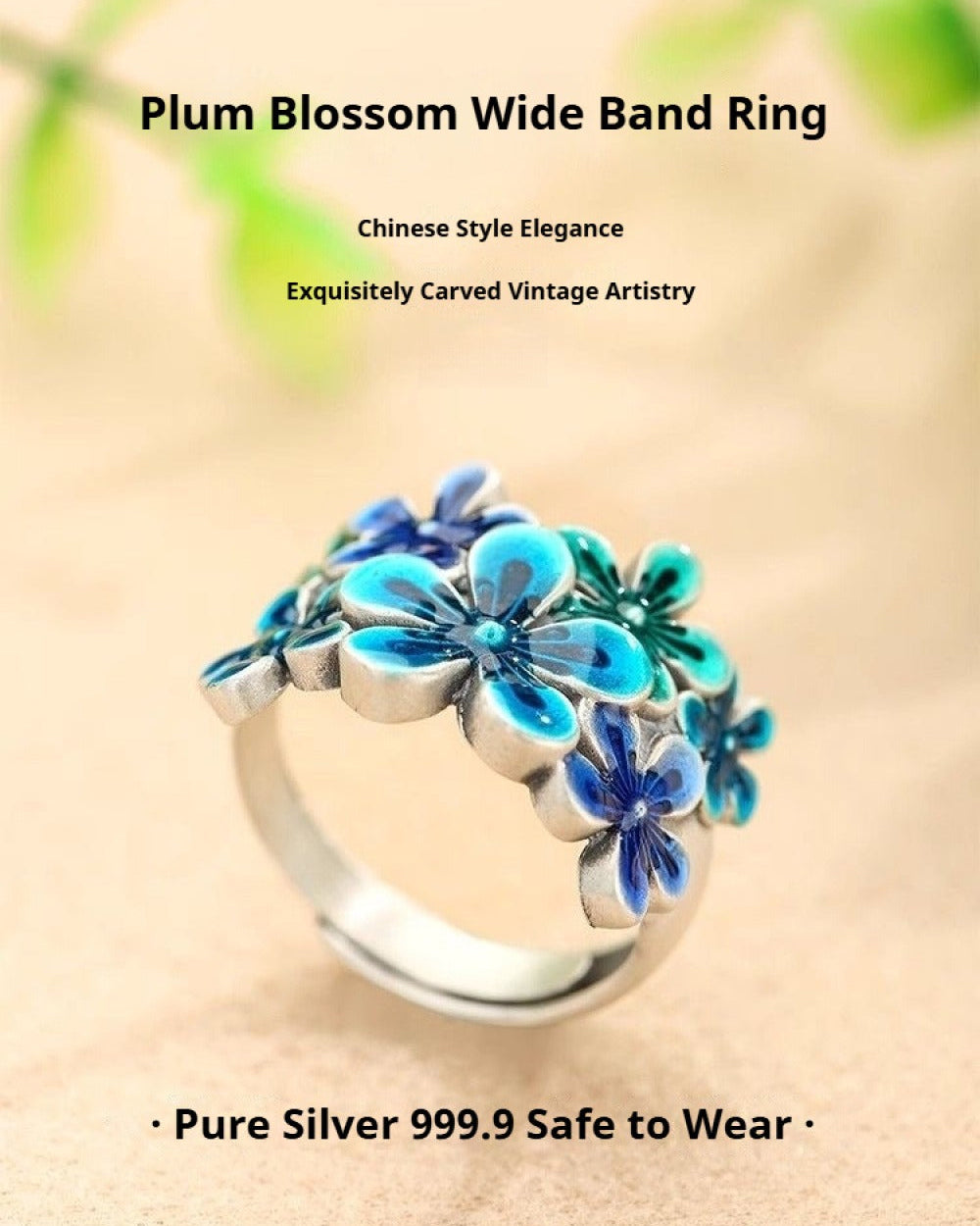 Handcrafted 999 Fine Silver Blue Plum Blossom Enamel Adjustable Ring