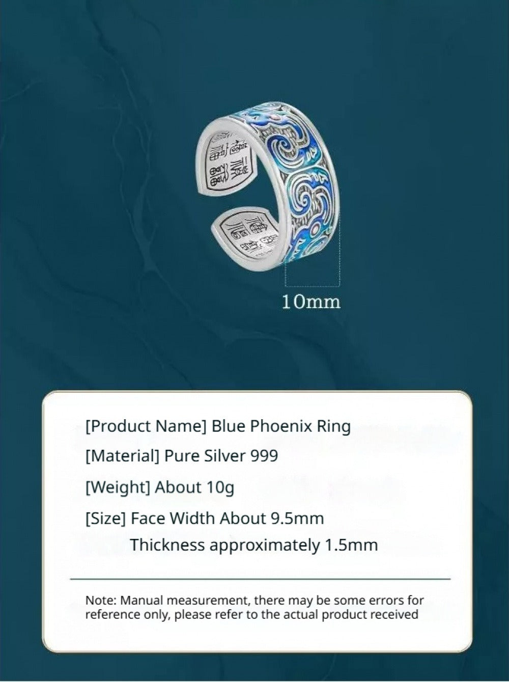 Heritage Handcrafted +Pure Silver 999 Enamel Phoenix Hundred Blessings Open Ring