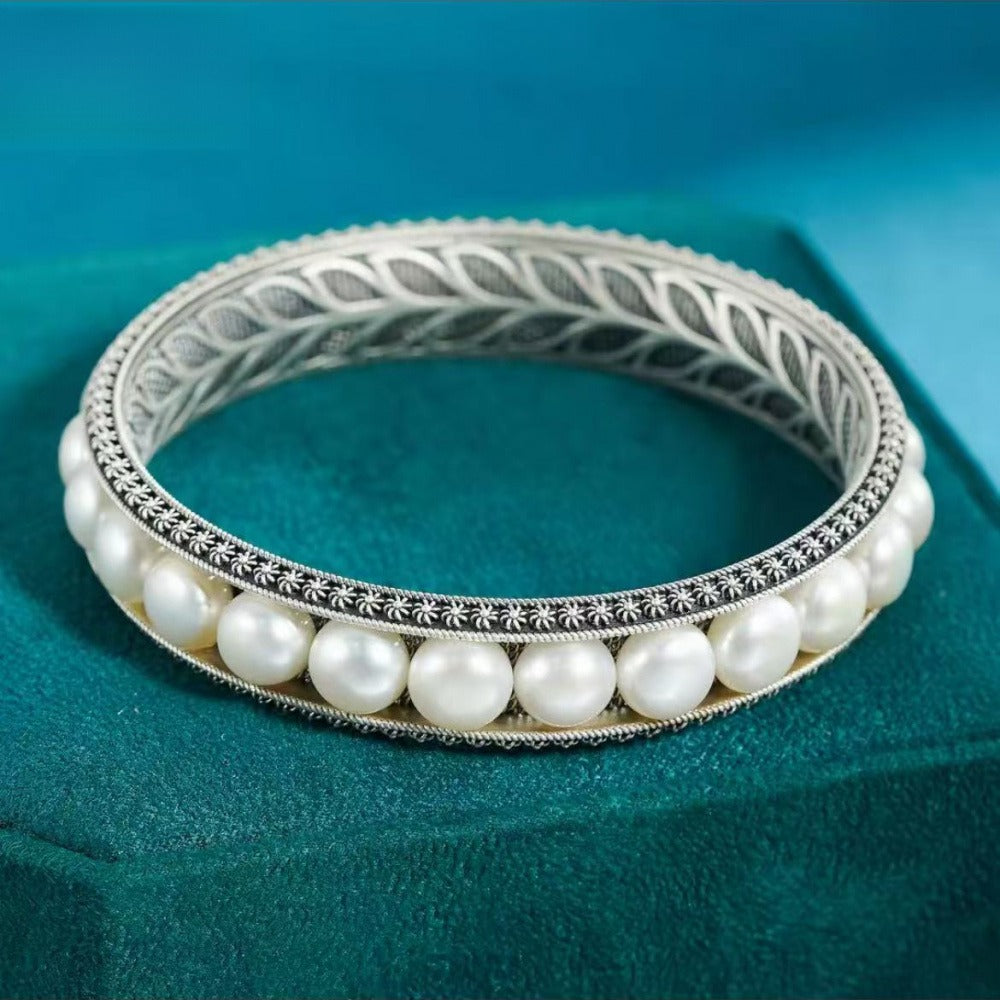 999 Fine Silver Leaf & Pearl solid bangle, Inspired by Wanrong – The Last Empress of China