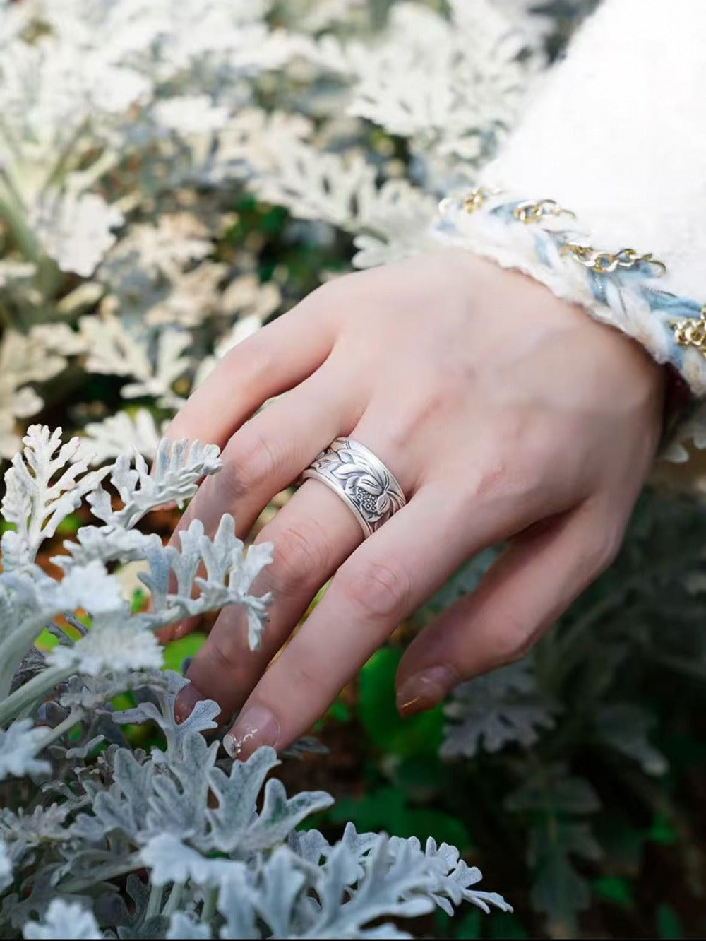 999 Fine Silver Lotus Open Adjustable Ring, Inner Engraved Heart Sutra