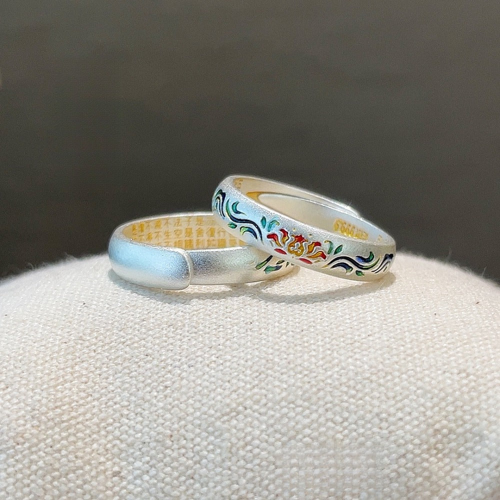 999 Fine Silver Enamel Lotus Heart Sutra Open Adjustable Ring