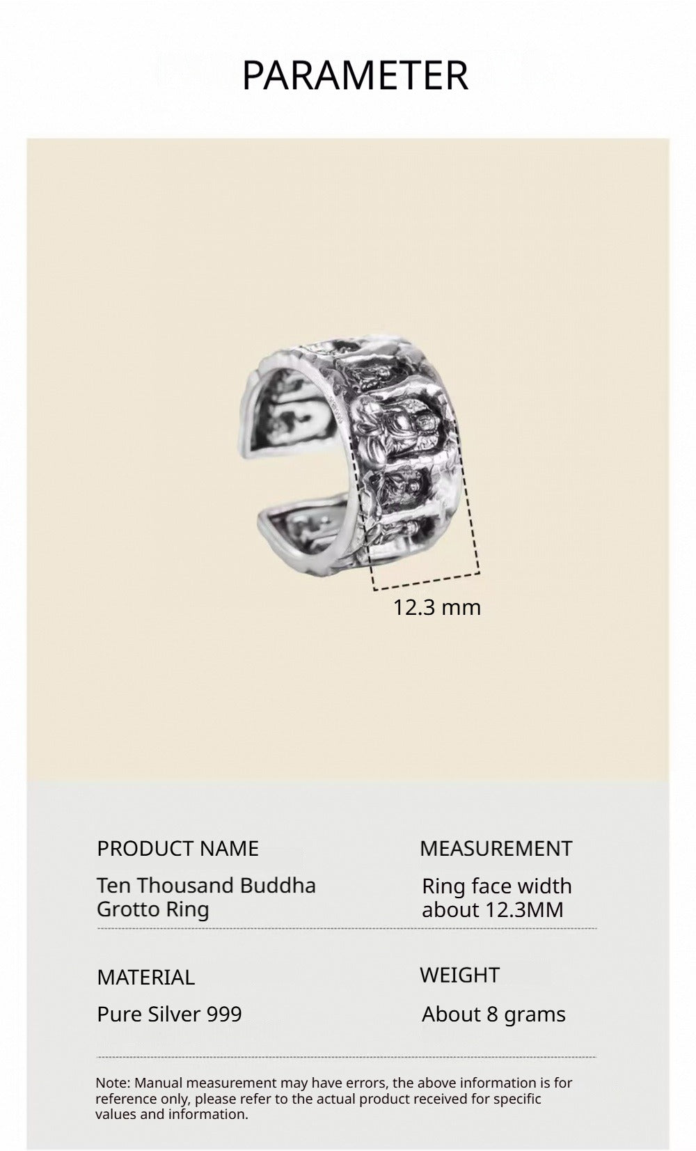 999 Fine Silver Ten-Thousand Buddha Grotto Open Adjustable Ring