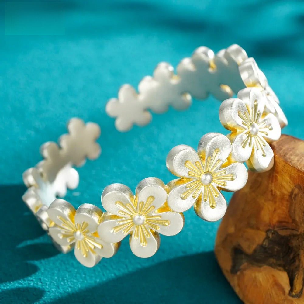 999 Fine Silver Gilded Floral Blossom Open Bangle