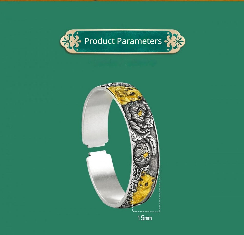Handcrafted 999 Fine Silver Peony & Panda Open Bangle
