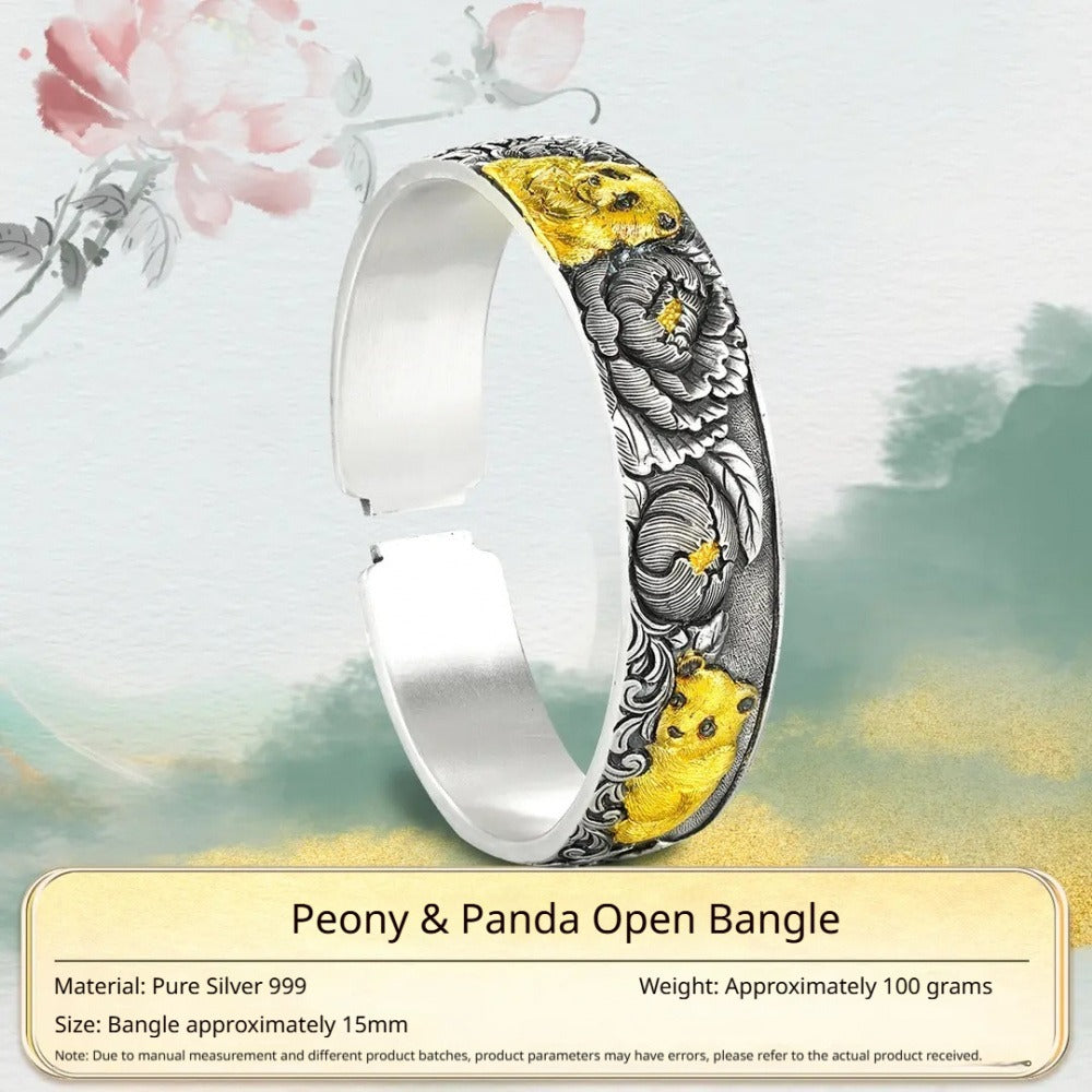 Handcrafted 999 Fine Silver Peony & Panda Open Bangle