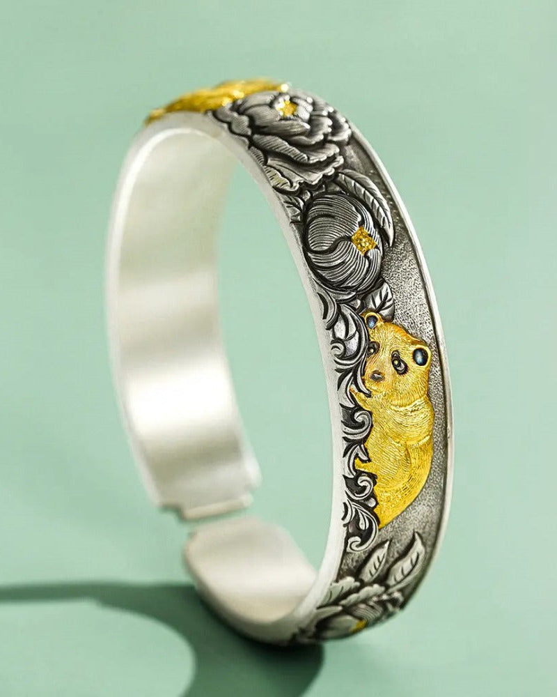 Handcrafted 999 Fine Silver Peony & Panda Open Bangle