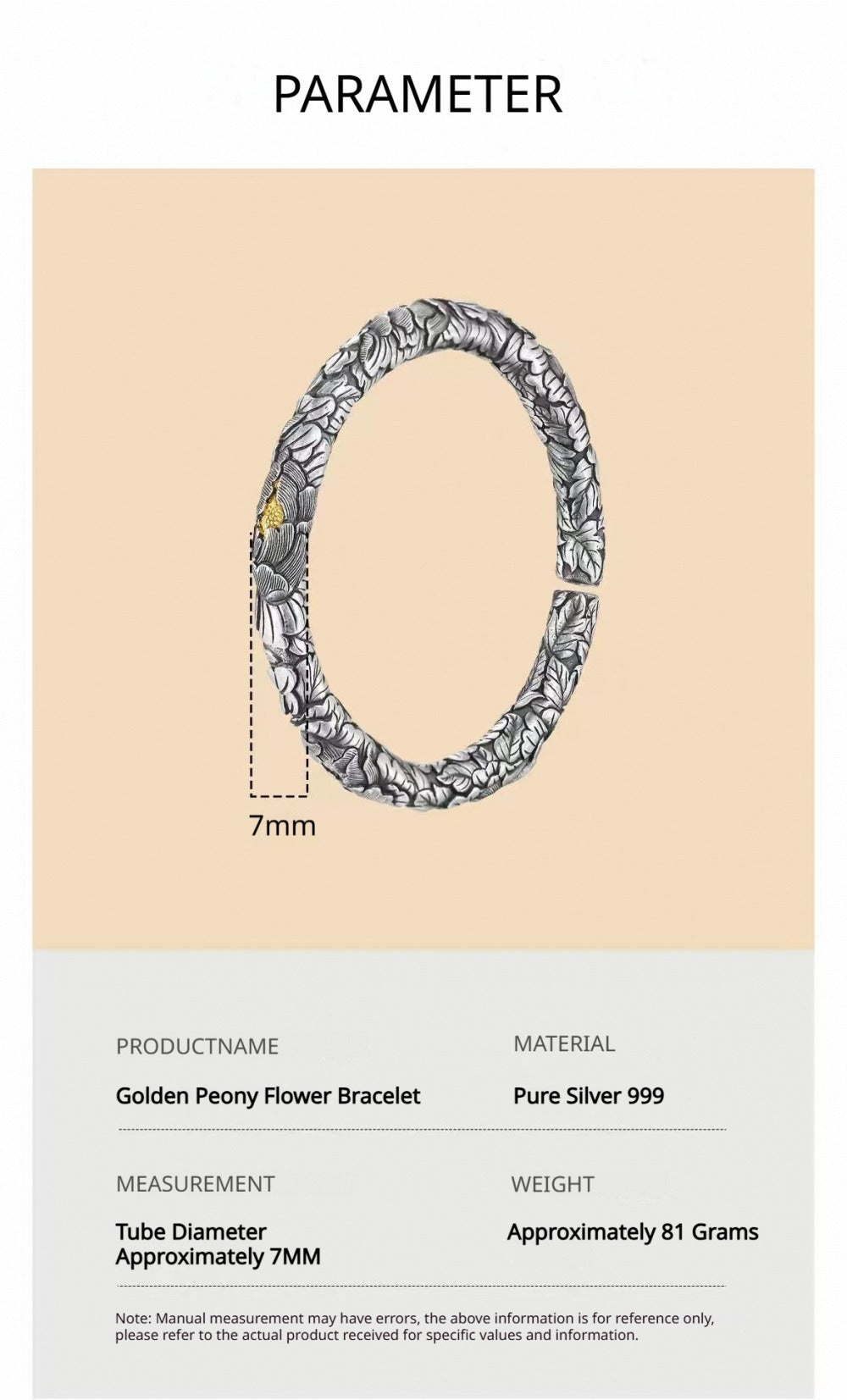 999 Fine Silver Gold-stamen Peony Open Bangle