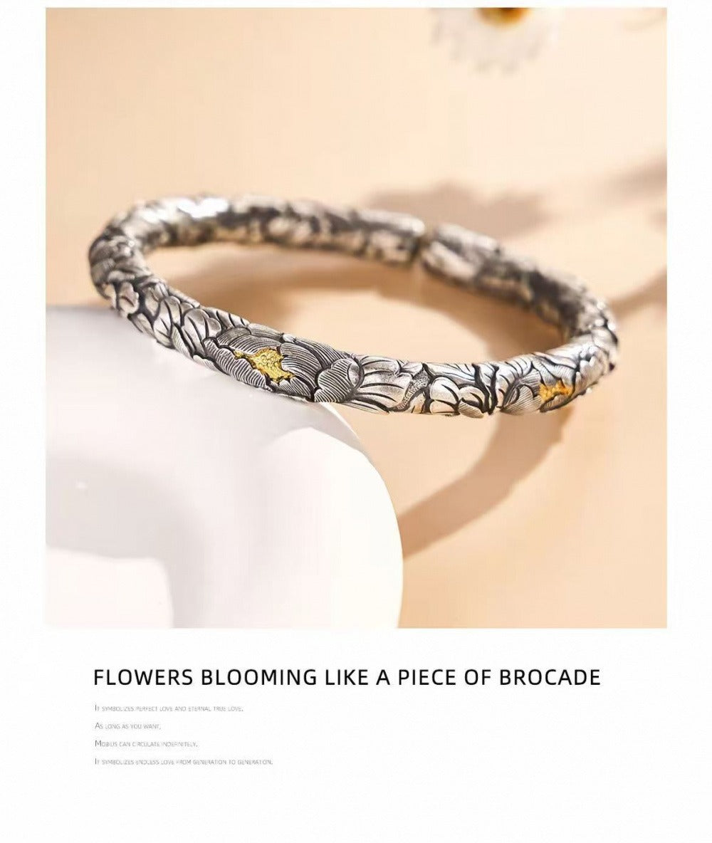 999 Fine Silver Gold-stamen Peony Open Bangle