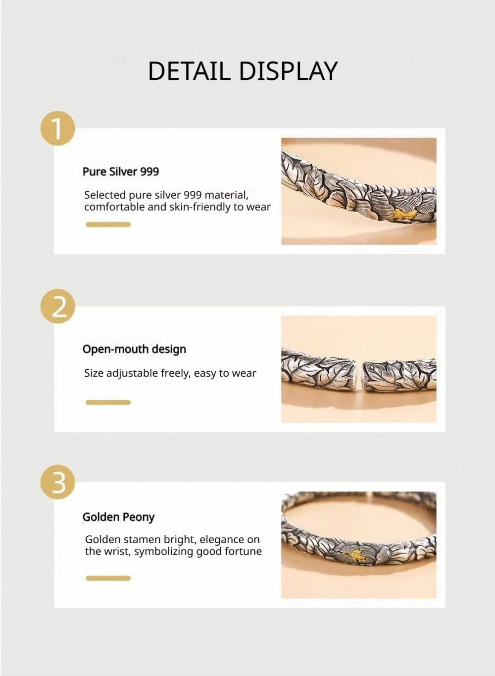 999 Fine Silver Gold-stamen Peony Open Bangle