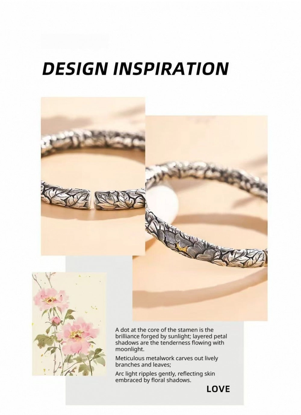 999 Fine Silver Gold-stamen Peony Open Bangle