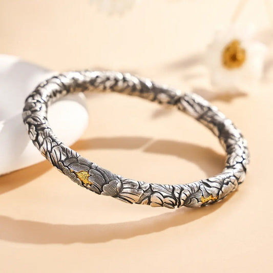 999 Fine Silver Gold-stamen Peony Open Bangle