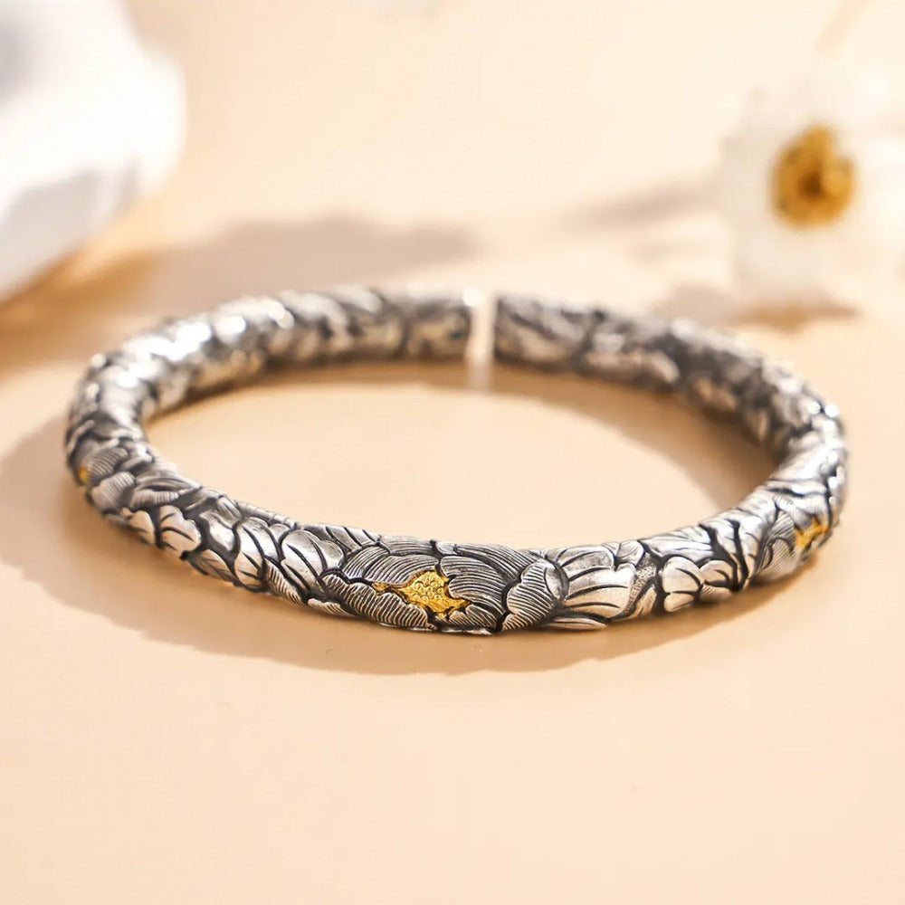 999 Fine Silver Gold-stamen Peony Open Bangle