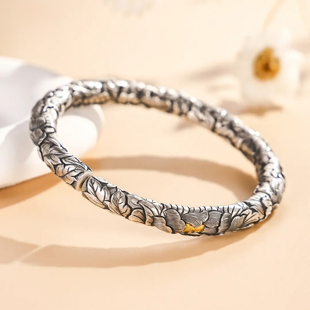 999 Fine Silver Gold-stamen Peony Open Bangle