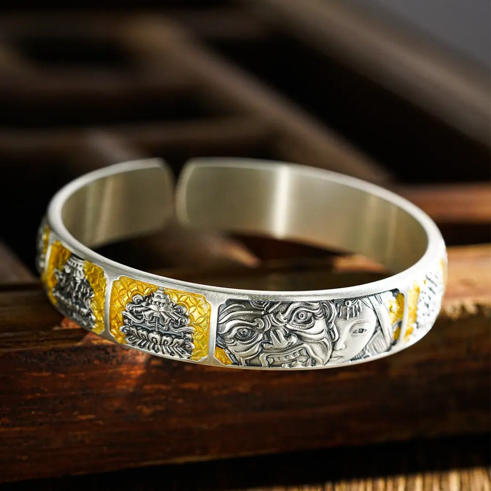 999 Fine Silver Dzambhala Buddhist Eight Treasures Wealth Protection Open Bangle