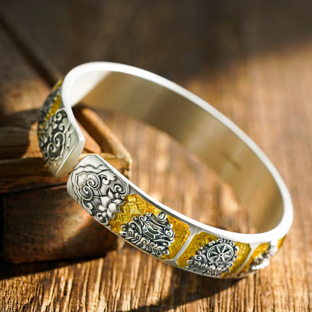 999 Fine Silver Dzambhala Buddhist Eight Treasures Wealth Protection Open Bangle