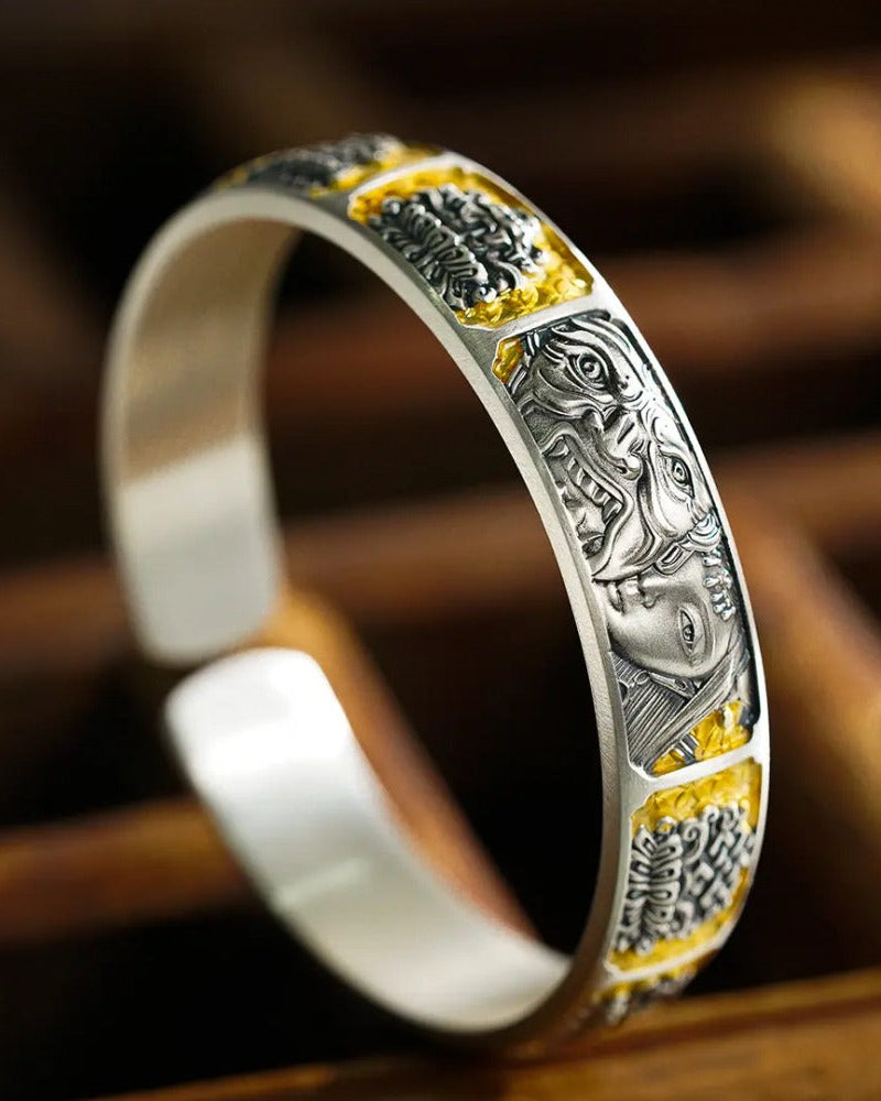 999 Fine Silver Dzambhala Buddhist Eight Treasures Wealth Protection Open Bangle