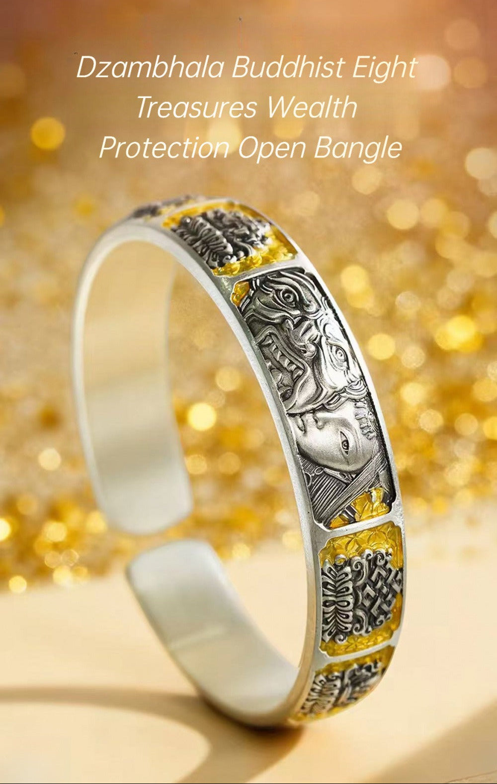 999 Fine Silver Dzambhala Buddhist Eight Treasures Wealth Protection Open Bangle