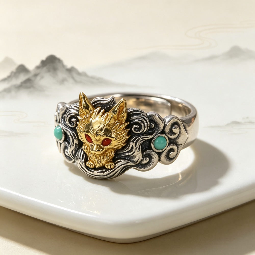 Nine-Tailed Fox Gold Plated Open Ring, Mythical Animal Adjustable Ring, Vintage Silver Statement Ring for Women