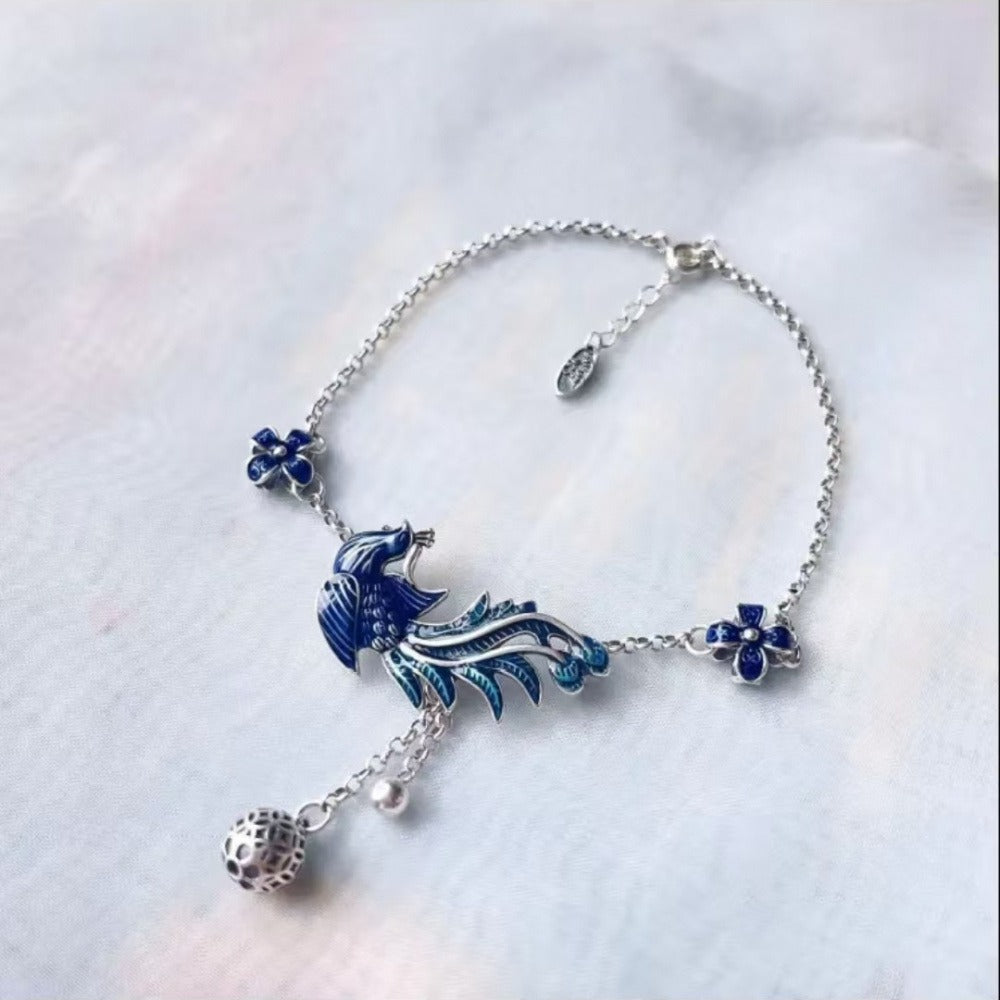 Phoenix & Flower Anklet, Oriental Floral Phoenix Adjustable Ankle Bracelet for Women
