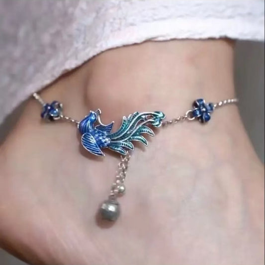 Phoenix & Flower Anklet, Oriental Floral Phoenix Adjustable Ankle Bracelet for Women