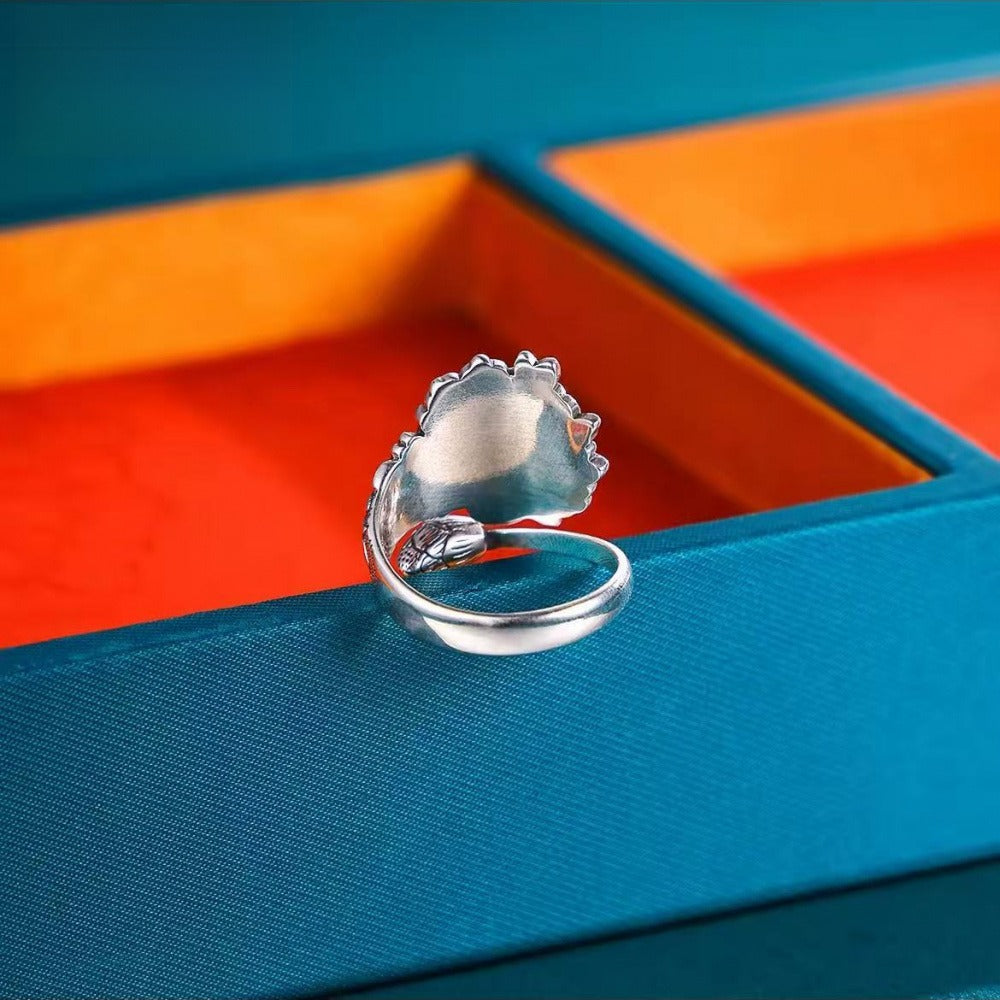 999 Fine Silver Peony & Lotus Pod Open Adjustable Ring