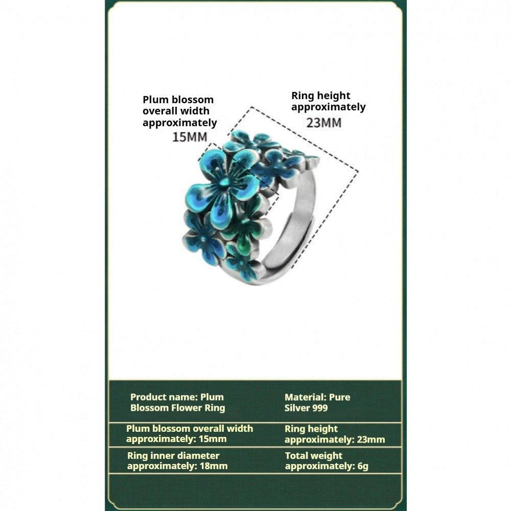 Handcrafted Pure Silver 999 Blue Plum Blossom Enamel Adjustable Ring with Certificate & Gift Box