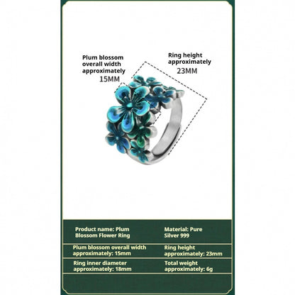 Handcrafted Pure Silver 999 Blue Plum Blossom Enamel Adjustable Ring with Certificate & Gift Box