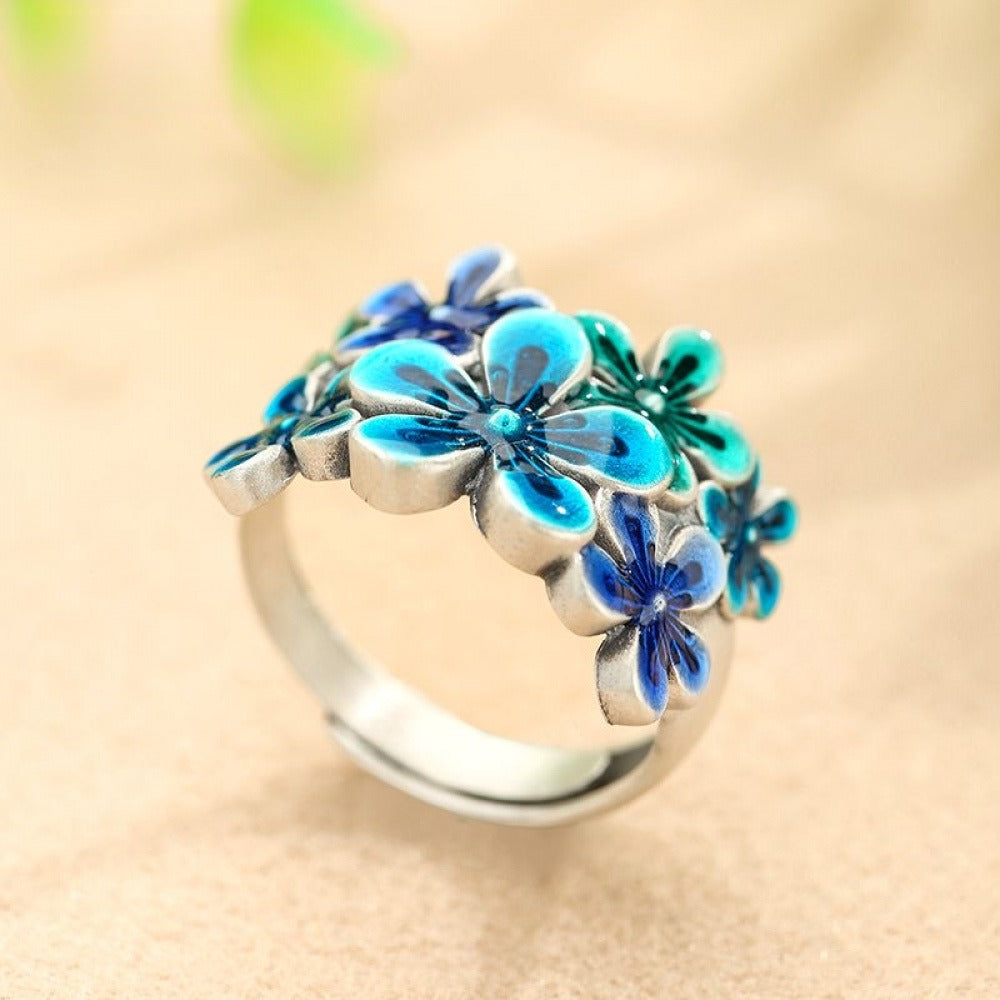Handcrafted Pure Silver 999 Blue Plum Blossom Enamel Adjustable Ring with Certificate & Gift Box