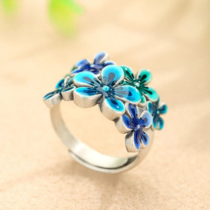 Handcrafted Pure Silver 999 Blue Plum Blossom Enamel Adjustable Ring with Certificate & Gift Box