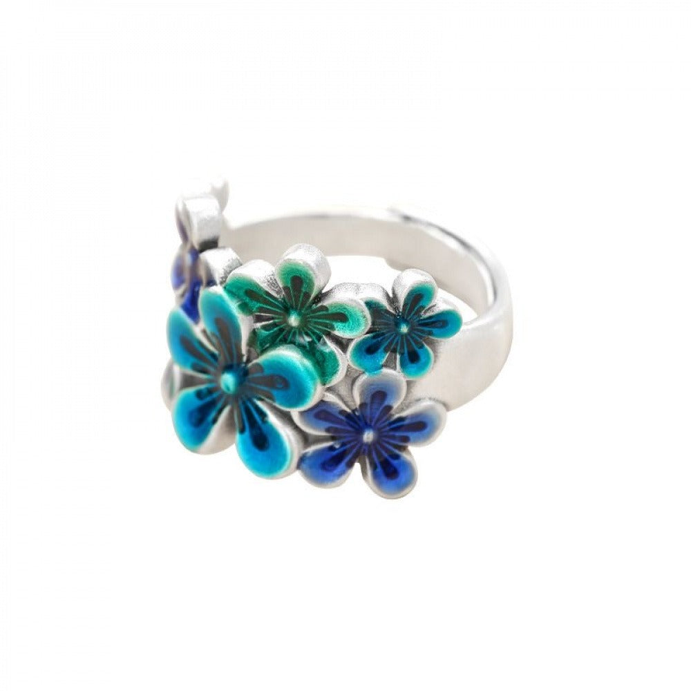 Handcrafted Pure Silver 999 Blue Plum Blossom Enamel Adjustable Ring with Certificate & Gift Box