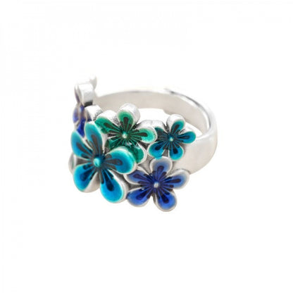 Handcrafted Pure Silver 999 Blue Plum Blossom Enamel Adjustable Ring with Certificate & Gift Box