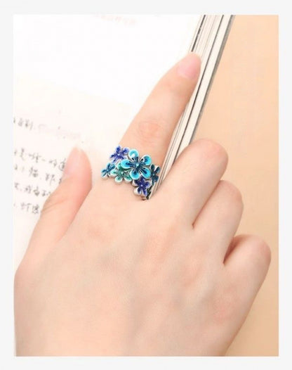 Handcrafted Pure Silver 999 Blue Plum Blossom Enamel Adjustable Ring with Certificate & Gift Box