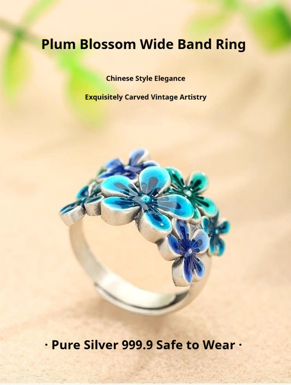 Handcrafted Pure Silver 999 Blue Plum Blossom Enamel Adjustable Ring with Certificate & Gift Box