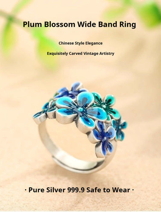 Handcrafted Pure Silver 999 Blue Plum Blossom Enamel Adjustable Ring with Certificate & Gift Box