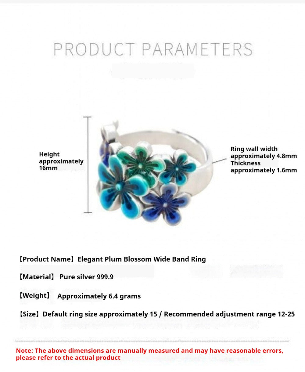 Handcrafted Pure Silver 999 Blue Plum Blossom Enamel Adjustable Ring with Certificate & Gift Box