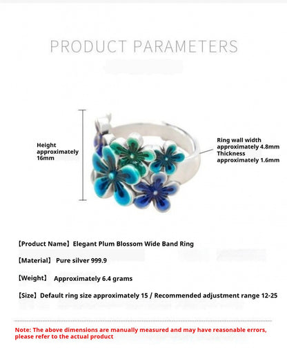 Handcrafted Pure Silver 999 Blue Plum Blossom Enamel Adjustable Ring with Certificate & Gift Box