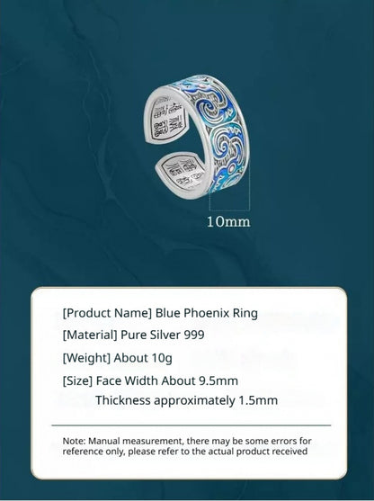 Heritage Handcrafted +Pure Silver 999 Enamel Phoenix Hundred Blessings Open Ring