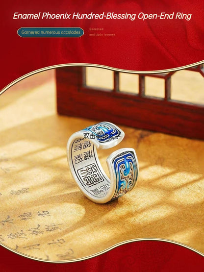 Heritage Handcrafted +Pure Silver 999 Enamel Phoenix Hundred Blessings Open Ring