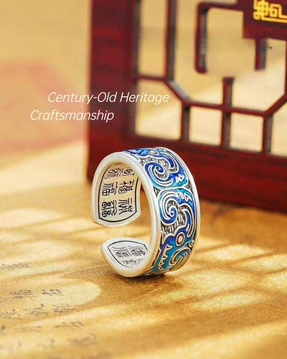 Heritage Handcrafted +Pure Silver 999 Enamel Phoenix Hundred Blessings Open Ring