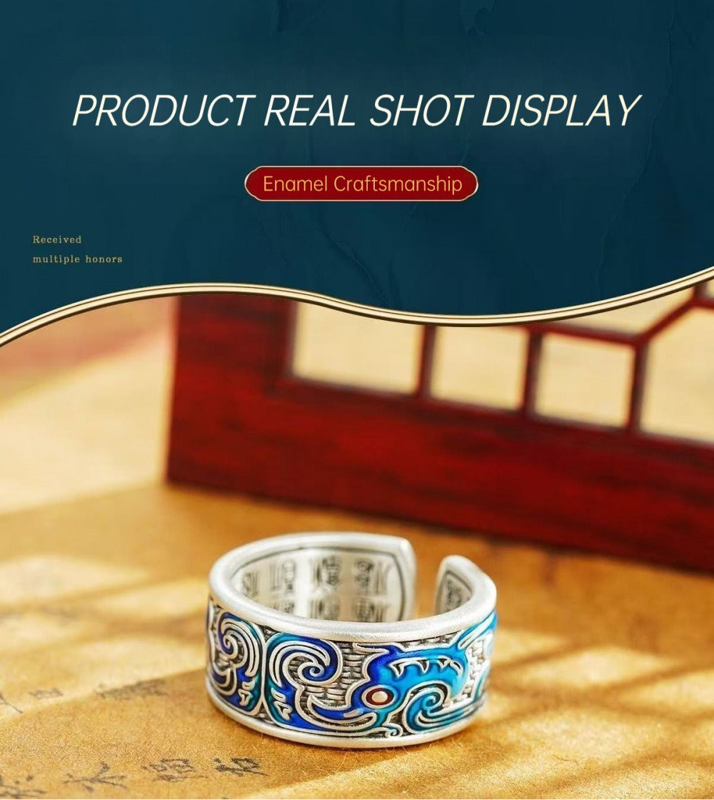 Heritage Handcrafted +Pure Silver 999 Enamel Phoenix Hundred Blessings Open Ring