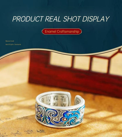Heritage Handcrafted +Pure Silver 999 Enamel Phoenix Hundred Blessings Open Ring