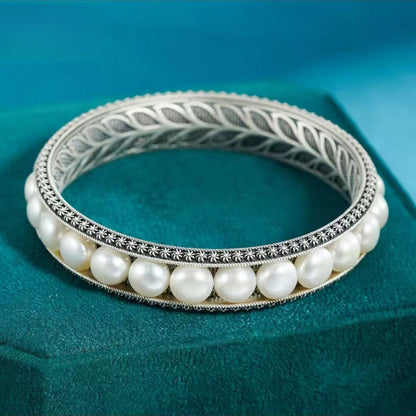 999 Fine Silver Leaf & Pearl solid bangle, Inspired by Wanrong – The Last Empress of China