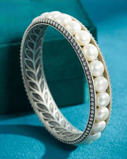 999 Fine Silver Leaf & Pearl solid bangle, Inspired by Wanrong – The Last Empress of China