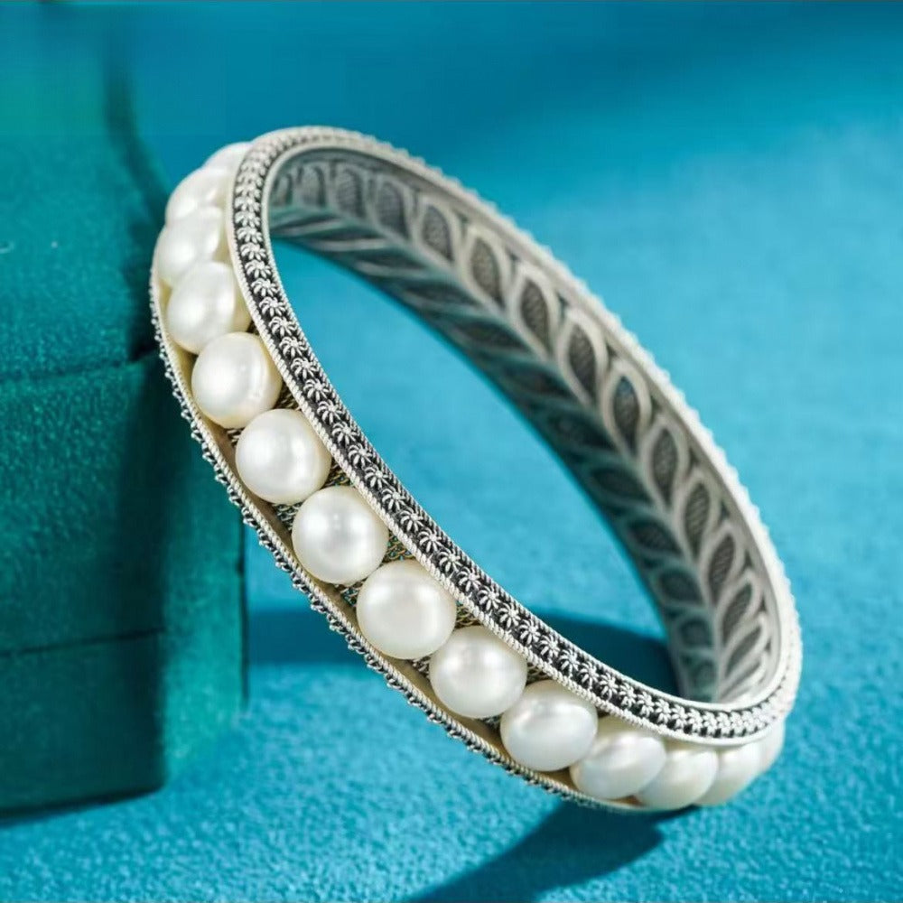 999 Fine Silver Leaf & Pearl solid bangle, Inspired by Wanrong – The Last Empress of China