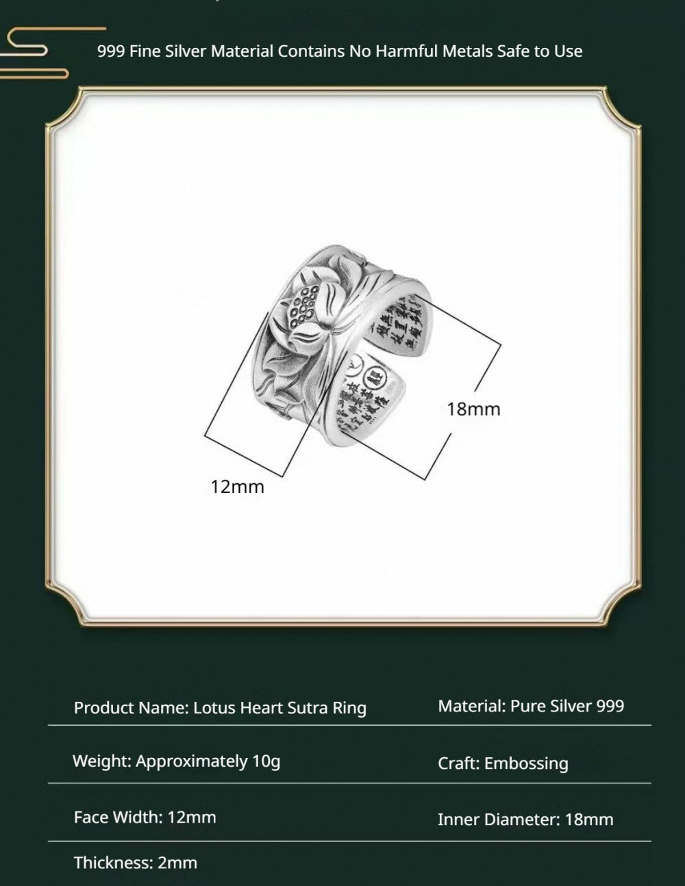 999 Fine Silver Lotus Open Adjustable Ring, Inner Engraved Heart Sutra
