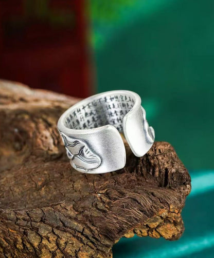 999 Fine Silver Lotus Open Adjustable Ring, Inner Engraved Heart Sutra
