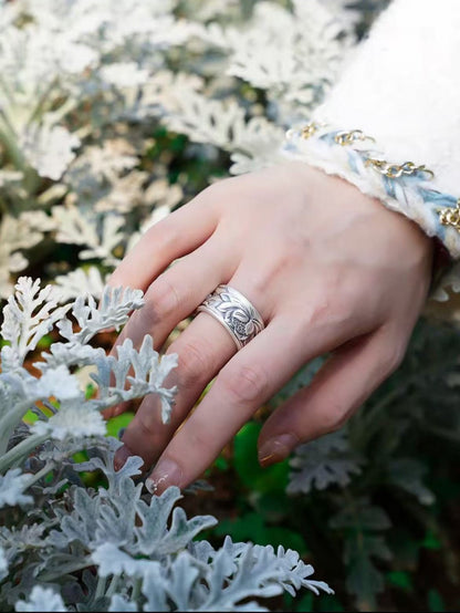 999 Fine Silver Lotus Open Adjustable Ring, Inner Engraved Heart Sutra