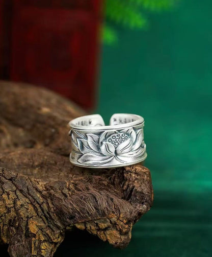 999 Fine Silver Lotus Open Adjustable Ring, Inner Engraved Heart Sutra