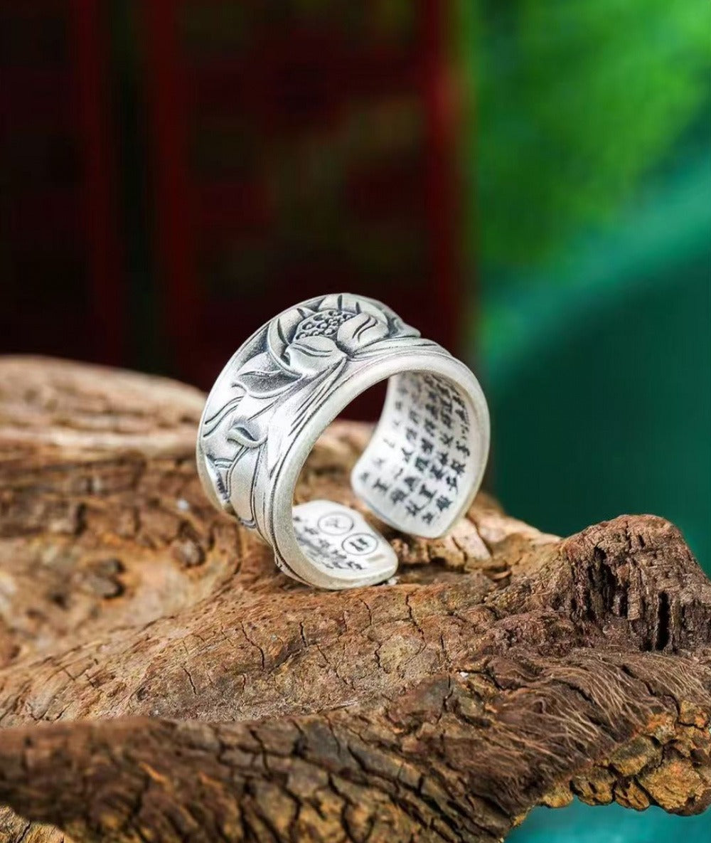 999 Fine Silver Lotus Open Adjustable Ring, Inner Engraved Heart Sutra