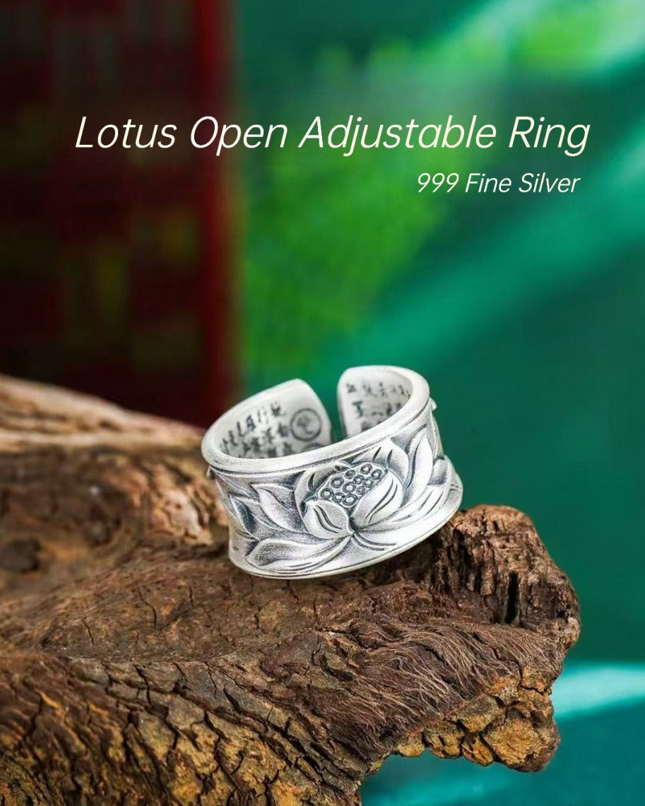 999 Fine Silver Lotus Open Adjustable Ring, Inner Engraved Heart Sutra